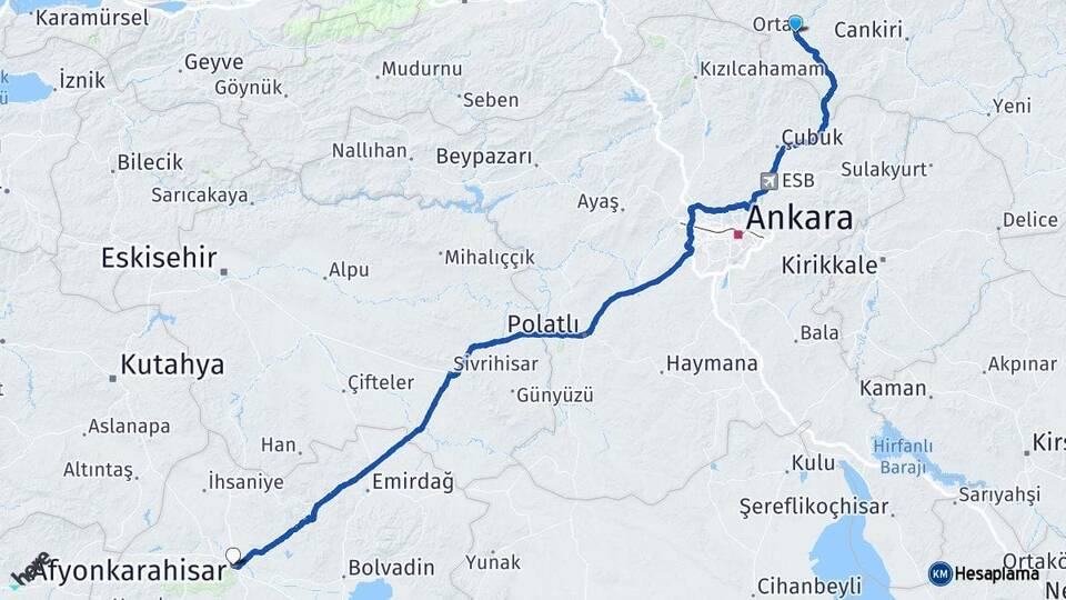 Çankırı Orta Afyonkarahisar Arası Kaç Km - Yol Haritası