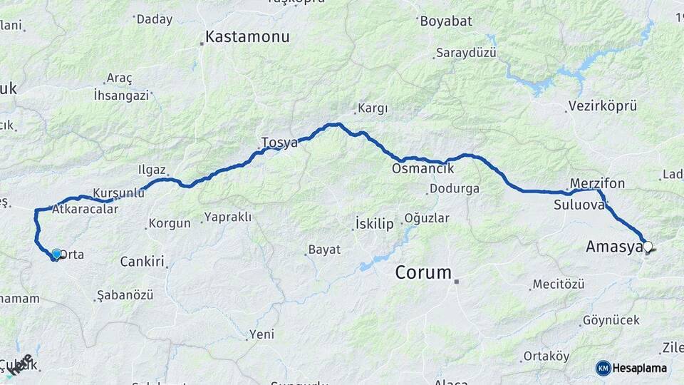 Çankırı Orta Amasya Arası Kaç Km - Yol Haritası