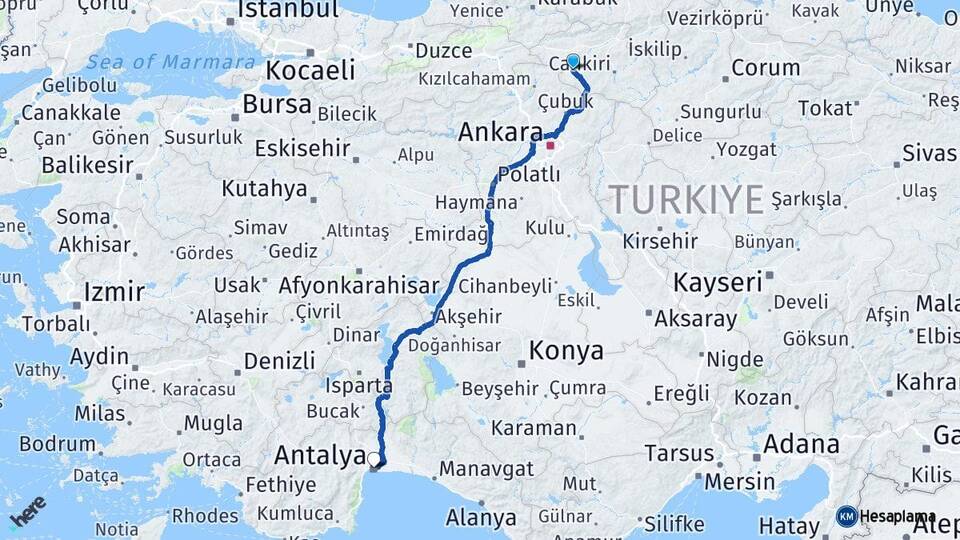 Çankırı Orta Antalya Arası Kaç Km - Yol Haritası