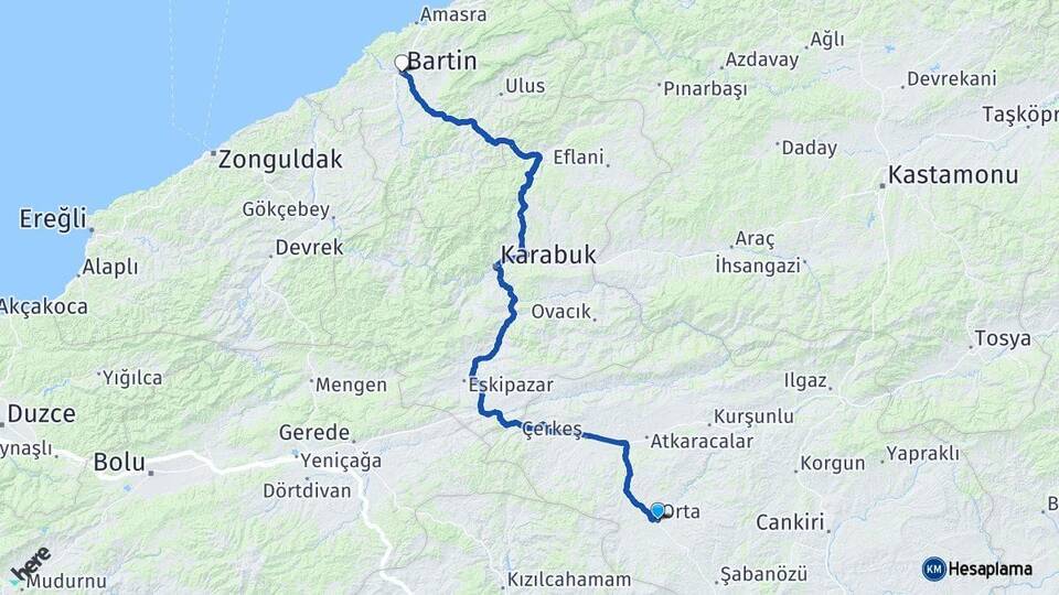 Çankırı Orta Bartın Arası Kaç Km - Yol Haritası