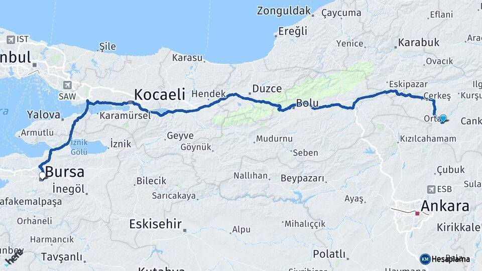 Çankırı Orta Bursa Arası Kaç Km - Yol Haritası