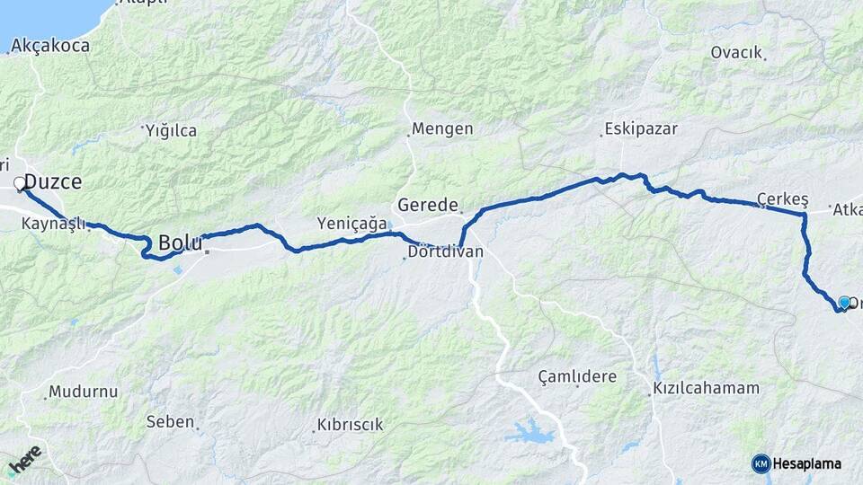 Çankırı Orta Düzce Arası Kaç Km - Yol Haritası