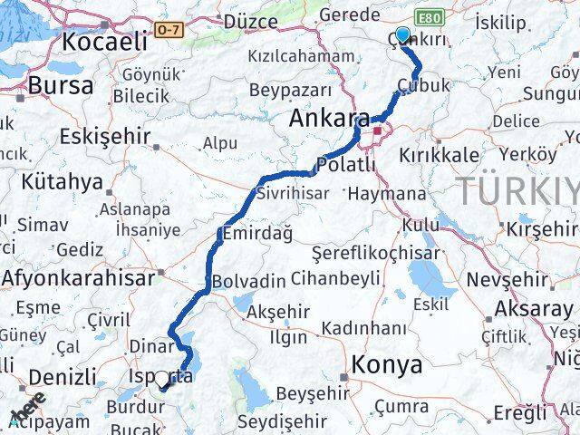 Çankırı Orta Isparta Arası Kaç Km - Yol Haritası
