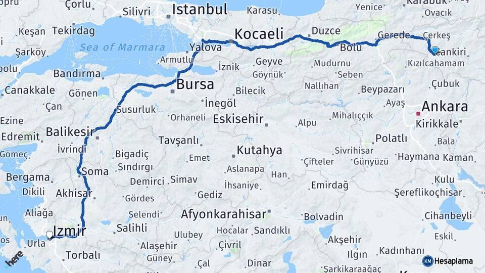 Çankırı Orta İzmir Arası Kaç Km - Yol Haritası