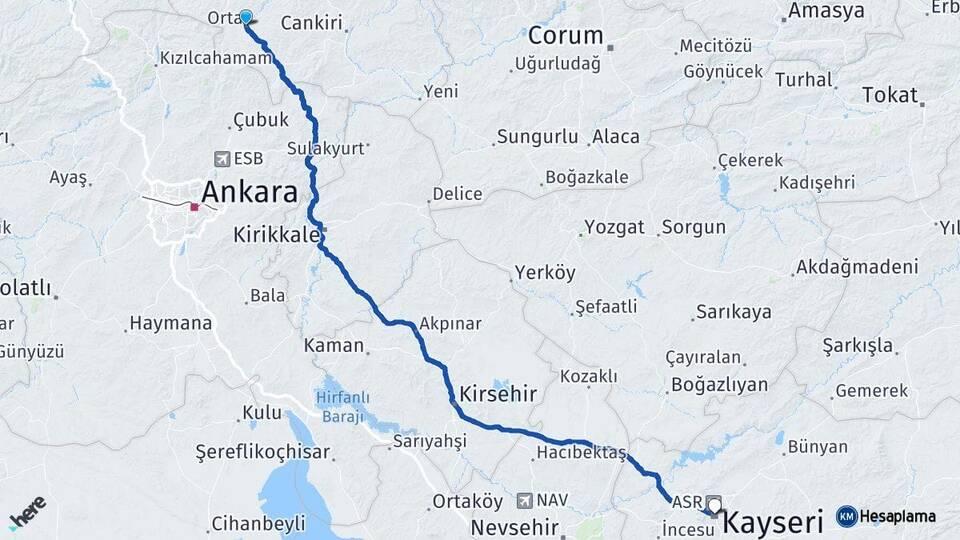 Çankırı Orta Kayseri Arası Kaç Km - Yol Haritası