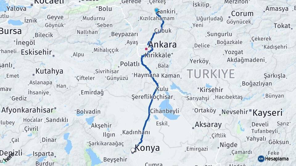 Çankırı Orta Konya Arası Kaç Km - Yol Haritası