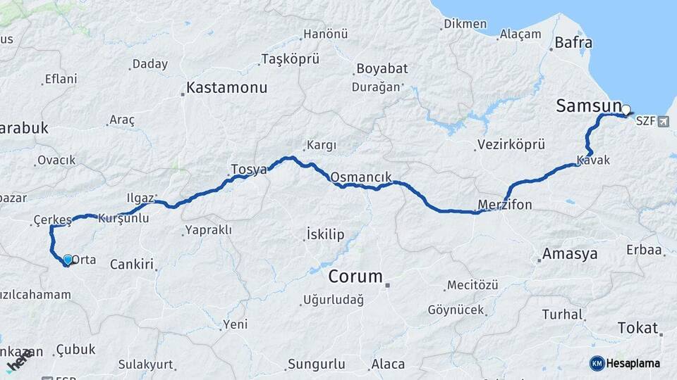 Çankırı Orta Samsun Arası Kaç Km - Yol Haritası