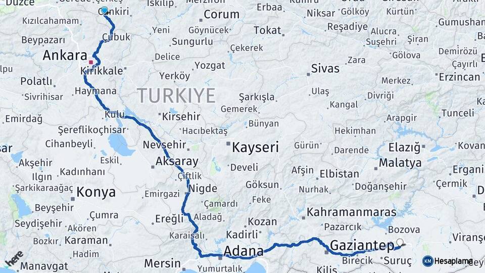 Çankırı Orta Şanlıurfa Arası Kaç Km - Yol Haritası