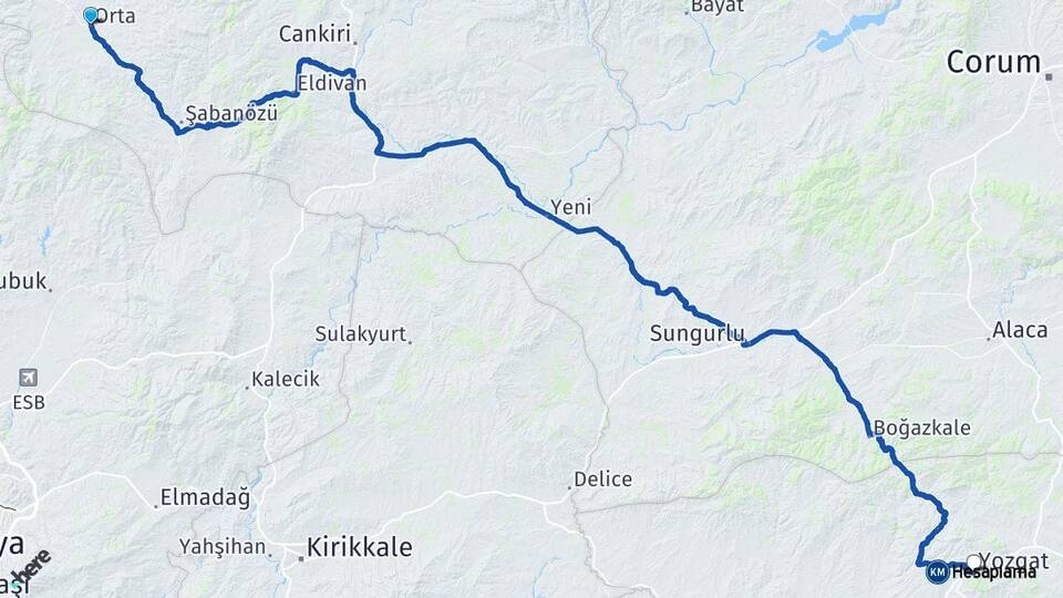 Çankırı Orta Yozgat Arası Kaç Km - Yol Haritası