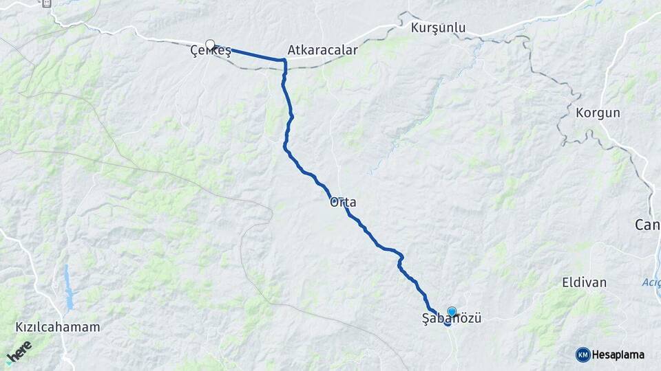 Çankırı Şabanözü Çerkeş Arası Kaç Km - Yol Haritası