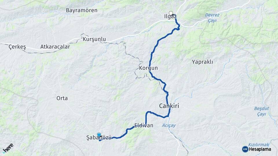 Çankırı Şabanözü Ilgaz Arası Kaç Km - Yol Haritası