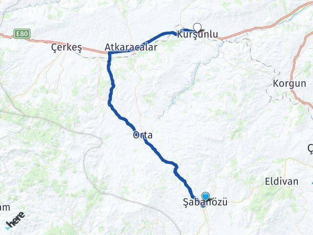 Çankırı Şabanözü Kurşunlu Arası Kaç Km - Yol Haritası