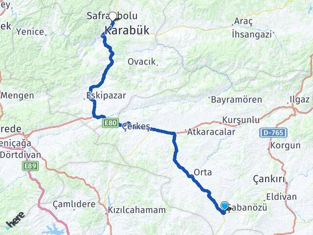 Çankırı Şabanözü Safranbolu Karabük Arası Kaç Km - Yol Haritası