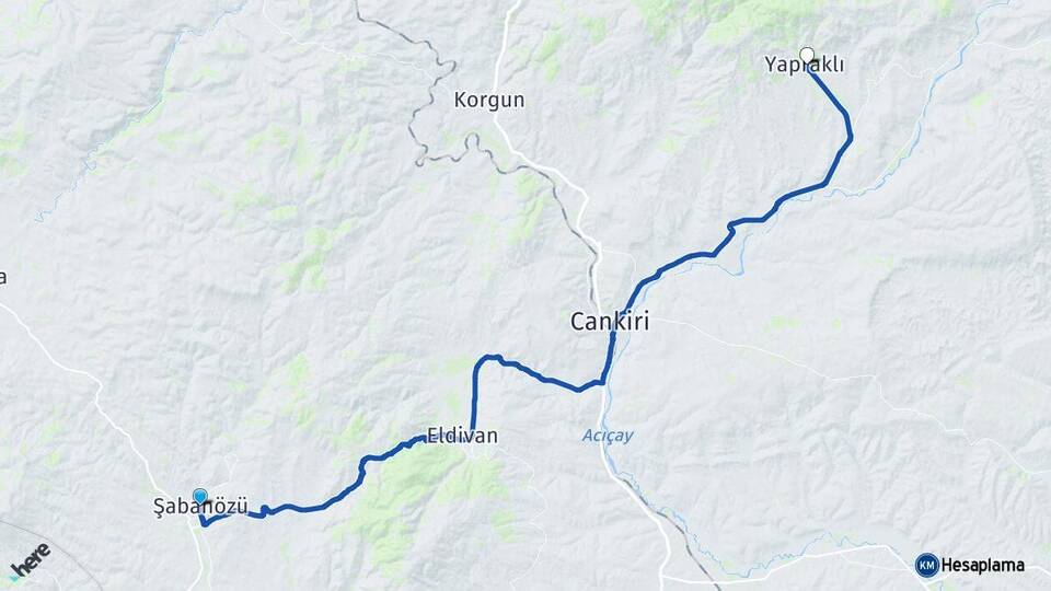 Çankırı Şabanözü Yapraklı Arası Kaç Km - Yol Haritası
