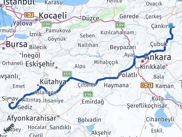 Çankırı Şaphane Kütahya Arası Kaç Km - Yol Haritası