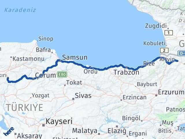 Çankırı Şavşat Artvin Arası Kaç Km - Yol Haritası