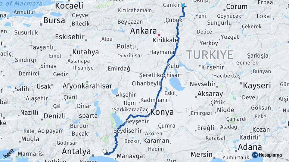 Çankırı Serik Antalya Arası Kaç Km - Yol Haritası
