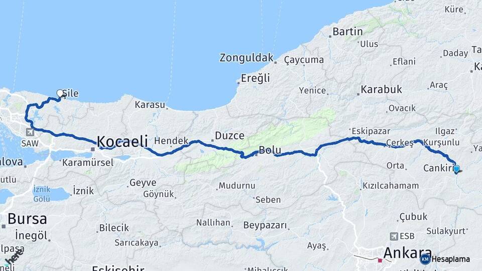 Çankırı Şile İstanbul Arası Kaç Km - Yol Haritası