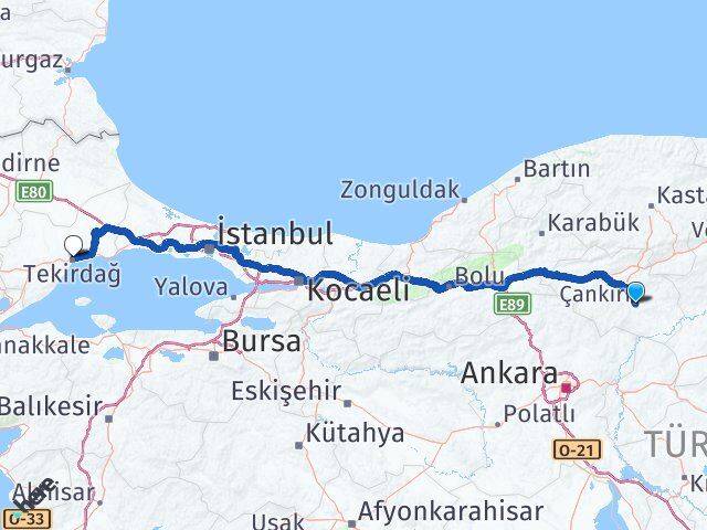 Çankırı Süleymanpaşa Tekirdağ Arası Kaç Km - Yol Haritası