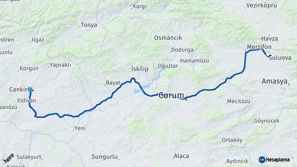 Çankırı Suluova Amasya Arası Kaç Km - Yol Haritası