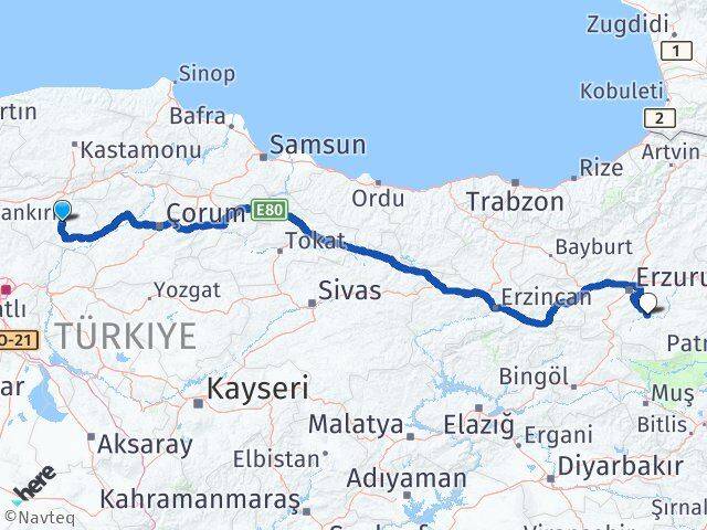 Çankırı Tekman Erzurum Arası Kaç Km - Yol Haritası