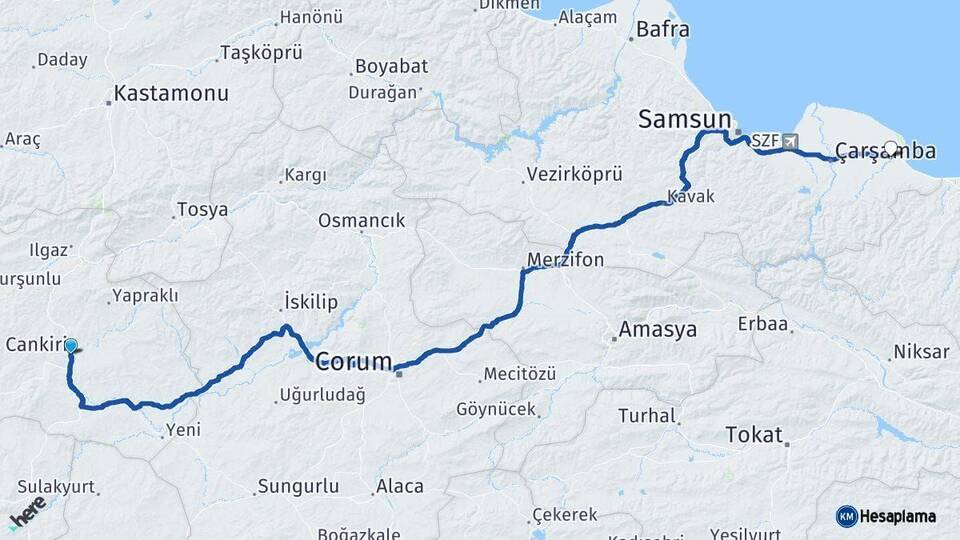 Çankırı Terme Samsun Arası Kaç Km - Yol Haritası