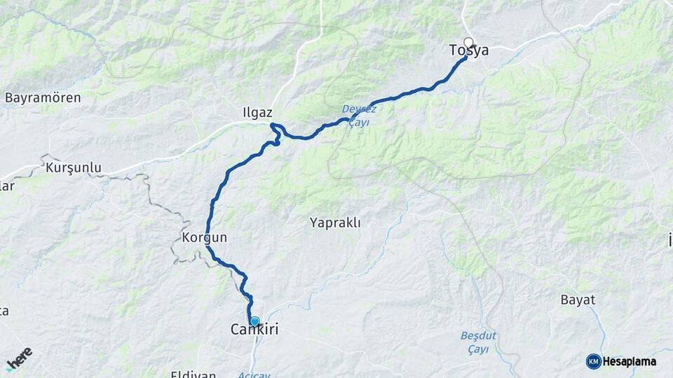 Çankırı Tosya Kastamonu Arası Kaç Km - Yol Haritası