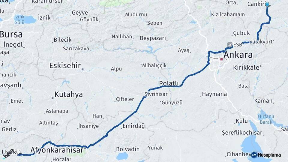 Çankırı Uşak Arası Kaç Km - Yol Haritası