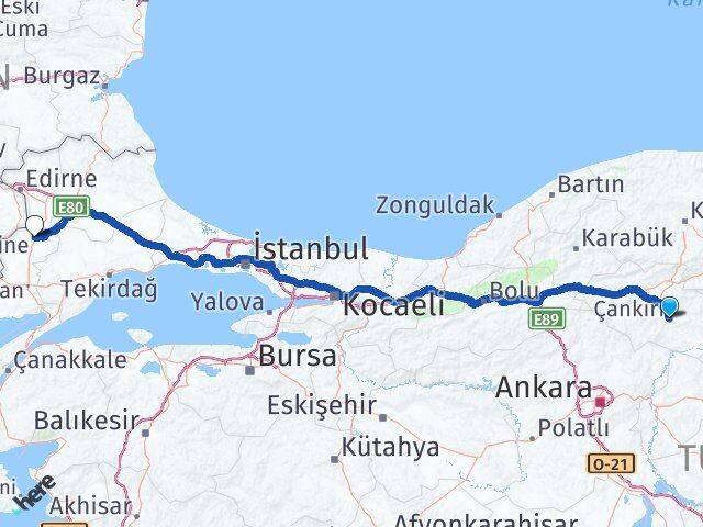 Çankırı Uzunköprü Edirne Arası Kaç Km - Yol Haritası