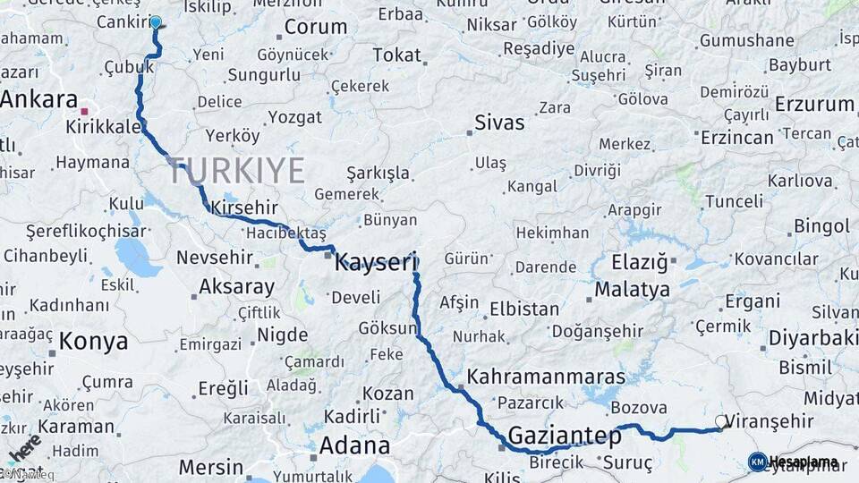 Çankırı Viranşehir Şanlıurfa Arası Kaç Km - Yol Haritası