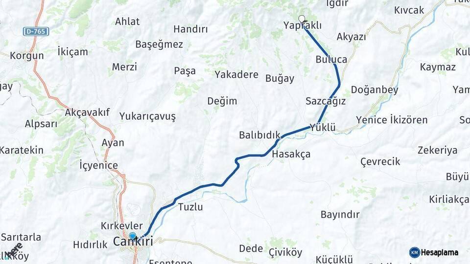 Çankırı Yapraklı Arası Kaç Km - Yol Haritası