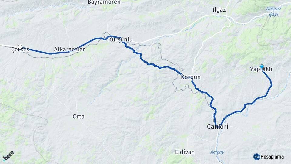 Çankırı Yapraklı Çerkeş Arası Kaç Km - Yol Haritası