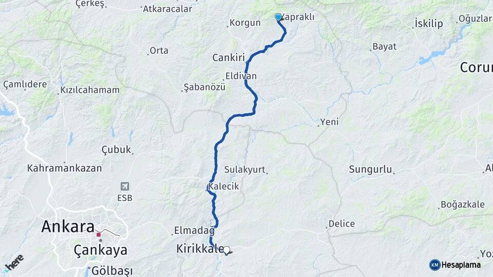 Çankırı Yapraklı Kırıkkale Arası Kaç Km - Yol Haritası