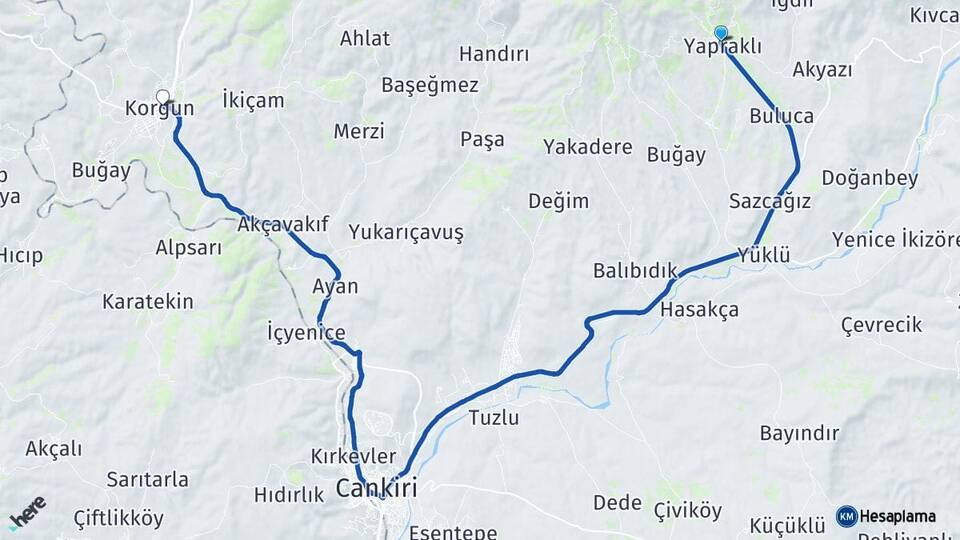 Çankırı Yapraklı Korgun Arası Kaç Km - Yol Haritası