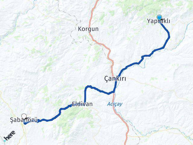 Çankırı Yapraklı Şabanözü Arası Kaç Km - Yol Haritası