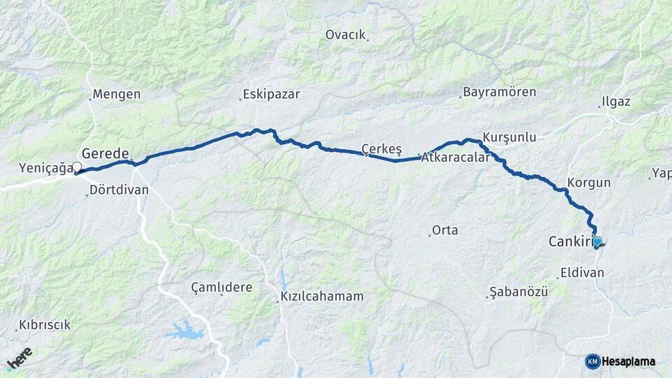 Çankırı Yeniçağa Bolu Arası Kaç Km - Yol Haritası