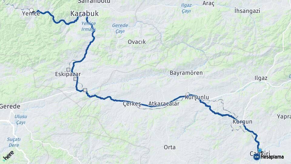 Çankırı Yenice Karabük Arası Kaç Km - Yol Haritası