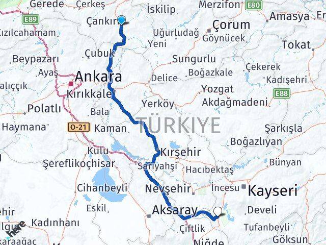 Çankırı Yeşilhisar Kayseri Arası Kaç Km - Yol Haritası