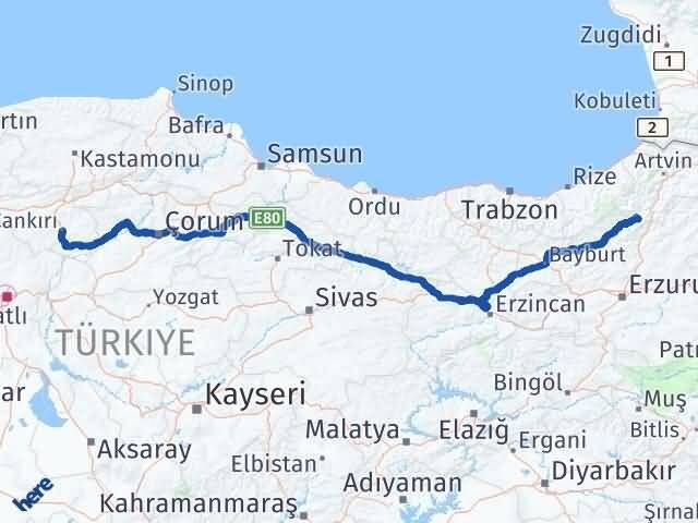 Çankırı Yusufeli Artvin Arası Kaç Km - Yol Haritası