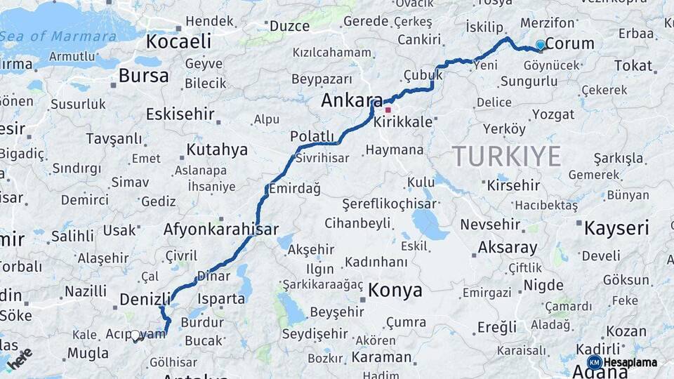 Çorum Acıpayam Denizli Arası Kaç Km - Yol Haritası