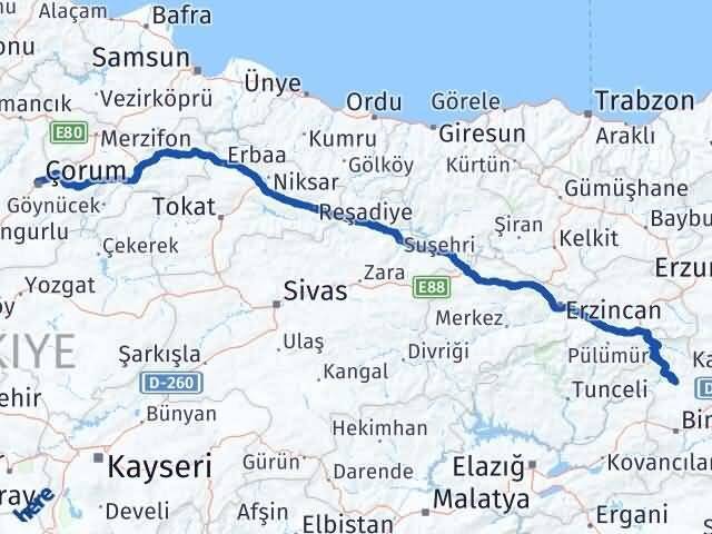 Çorum Adaklı Bingöl Arası Kaç Km - Yol Haritası