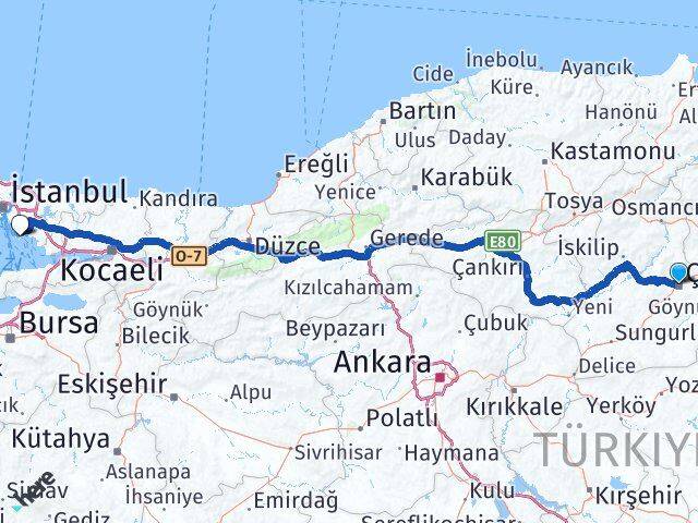 Çorum Adalar İstanbul Arası Kaç Km - Yol Haritası