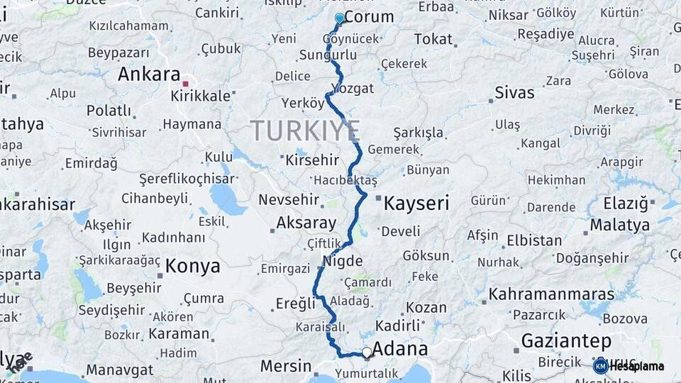 Çorum Adana Arası Kaç Km - Yol Haritası