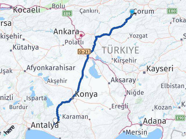Çorum Akseki Antalya Arası Kaç Km - Yol Haritası