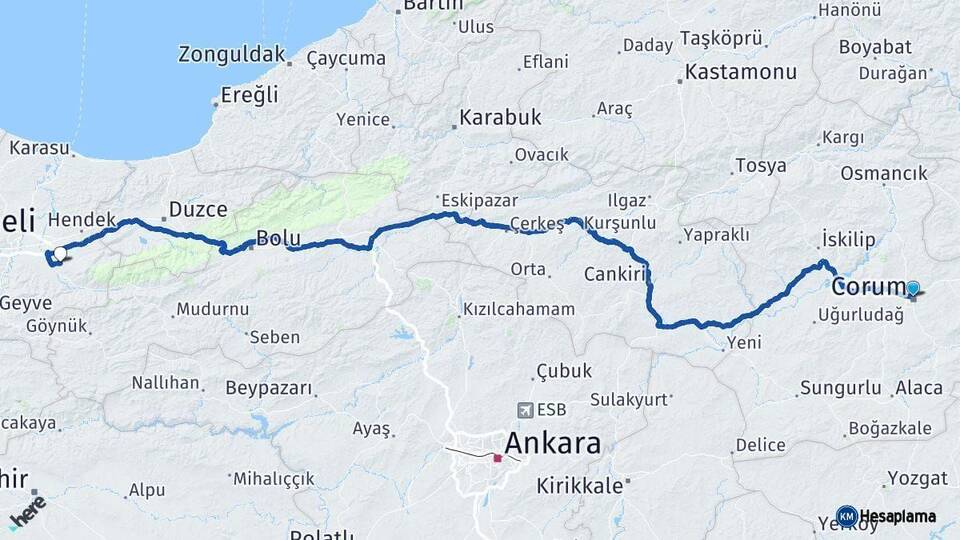 Çorum Akyazı Sakarya Arası Kaç Km - Yol Haritası