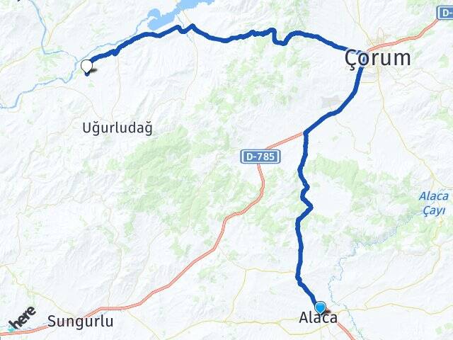 Çorum Alaca Anbarcı Uğurludağ Arası Kaç Km - Yol Haritası