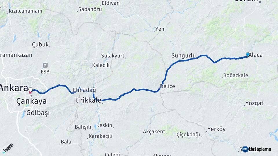 Çorum Alaca Ankara Arası Kaç Km - Yol Haritası