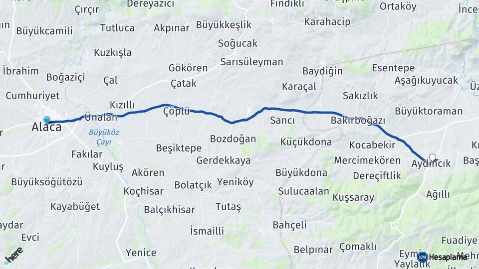 Çorum Alaca Aydıncık Yozgat Arası Kaç Km - Yol Haritası