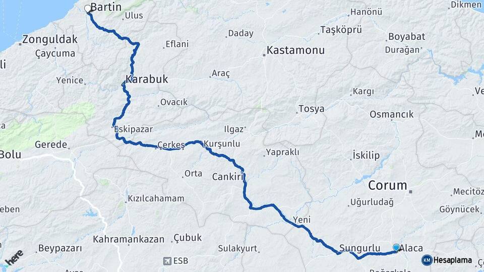 Çorum Alaca Bartın Arası Kaç Km - Yol Haritası