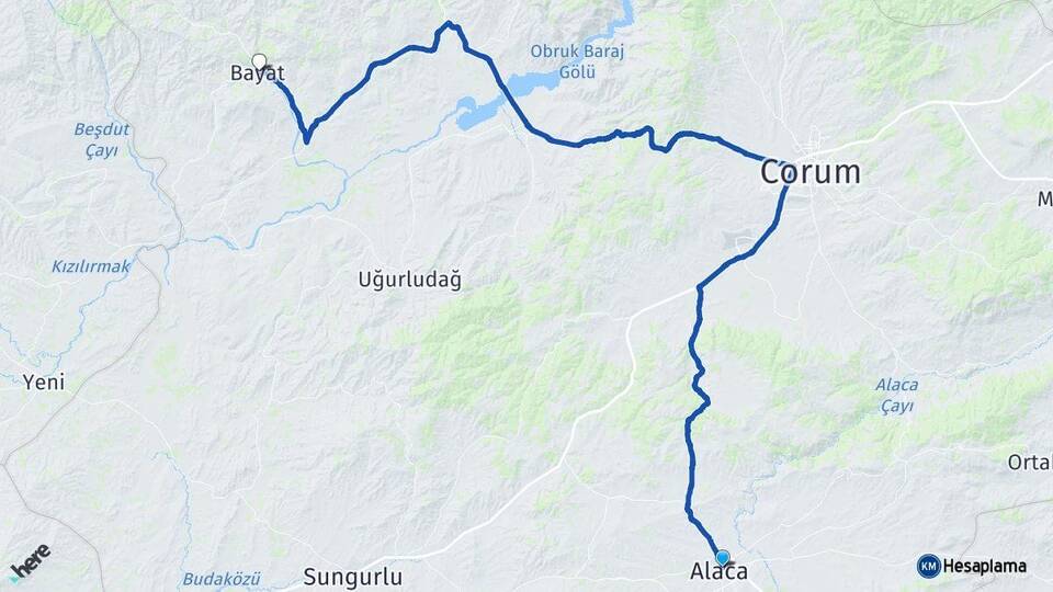 Çorum Alaca Bayat Arası Kaç Km - Yol Haritası